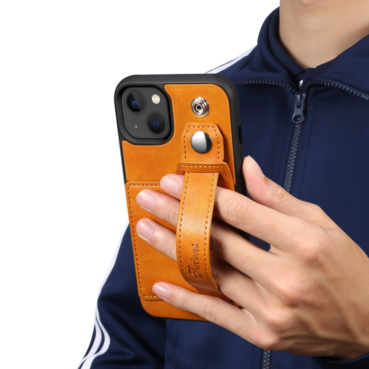 For iPhone 14 Suteni 215 Wrist Strap PU Phone Case(Khaki) - HoMEdemic™ 