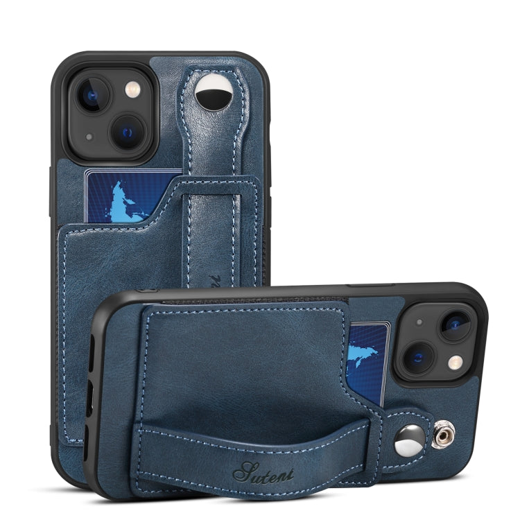 For iPhone 14 Suteni 215 Wrist Strap PU Phone Case(Blue) - HoMEdemic™ 