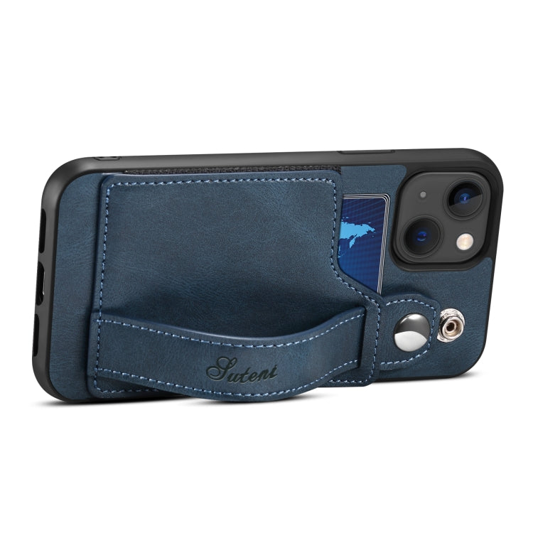 For iPhone 14 Suteni 215 Wrist Strap PU Phone Case(Blue) - HoMEdemic™ 