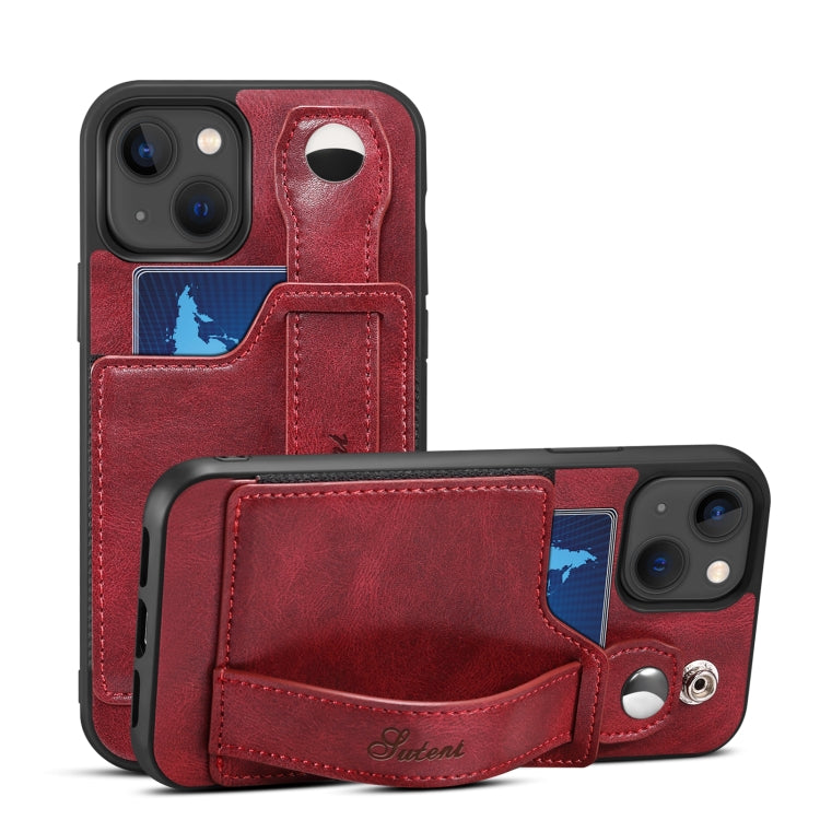 For iPhone 14 Suteni 215 Wrist Strap PU Phone Case(Red) - HoMEdemic™ 