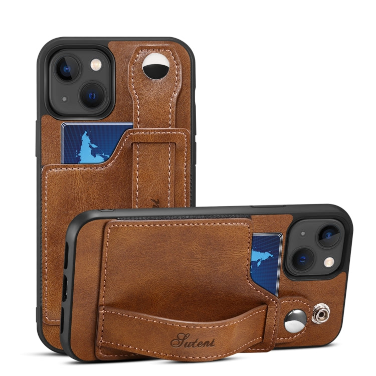 For iPhone 14 Suteni 215 Wrist Strap PU Phone Case(Brown) - HoMEdemic™ 