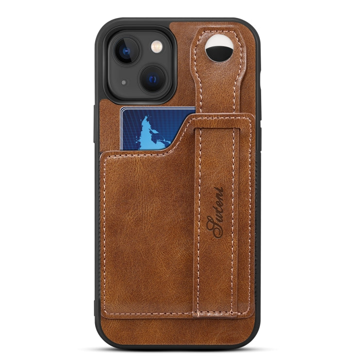 For iPhone 14 Suteni 215 Wrist Strap PU Phone Case(Brown) - HoMEdemic™ 