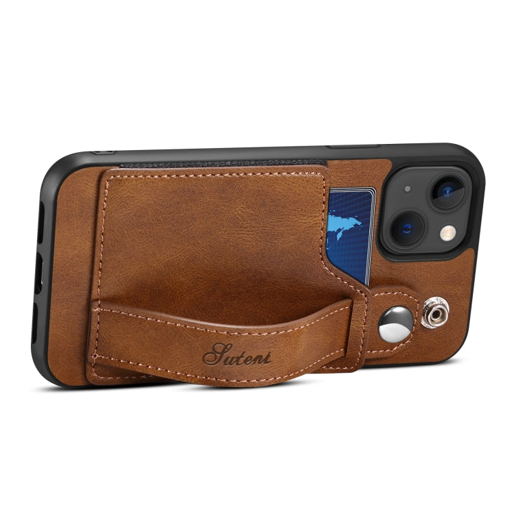 For iPhone 14 Suteni 215 Wrist Strap PU Phone Case(Brown) - HoMEdemic™ 