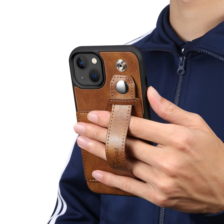 For iPhone 14 Suteni 215 Wrist Strap PU Phone Case(Brown) - HoMEdemic™ 