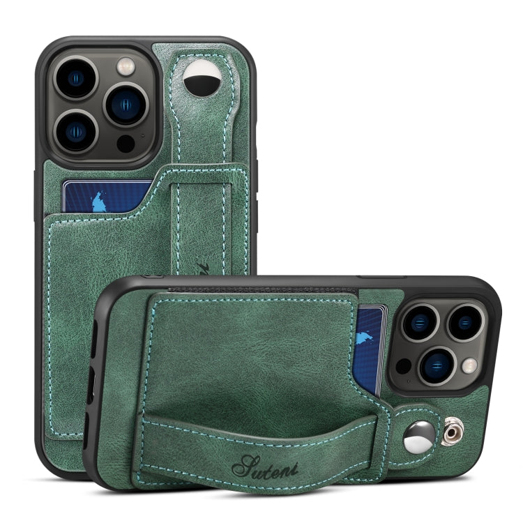 For iPhone 14 Pro Suteni 215 Wrist Strap PU Phone Case(Green) - HoMEdemic™ 