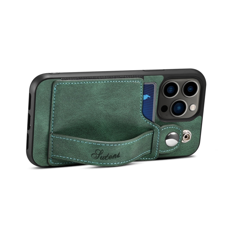 For iPhone 14 Pro Suteni 215 Wrist Strap PU Phone Case(Green) - HoMEdemic™ 