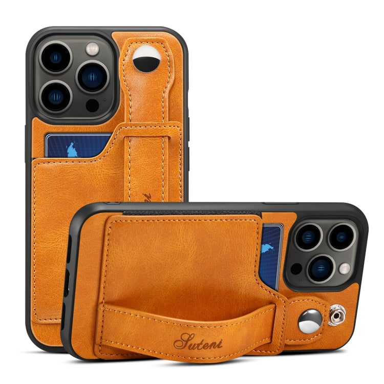 For iPhone 14 Pro Suteni 215 Wrist Strap PU Phone Case(Khaki) - HoMEdemic™ 