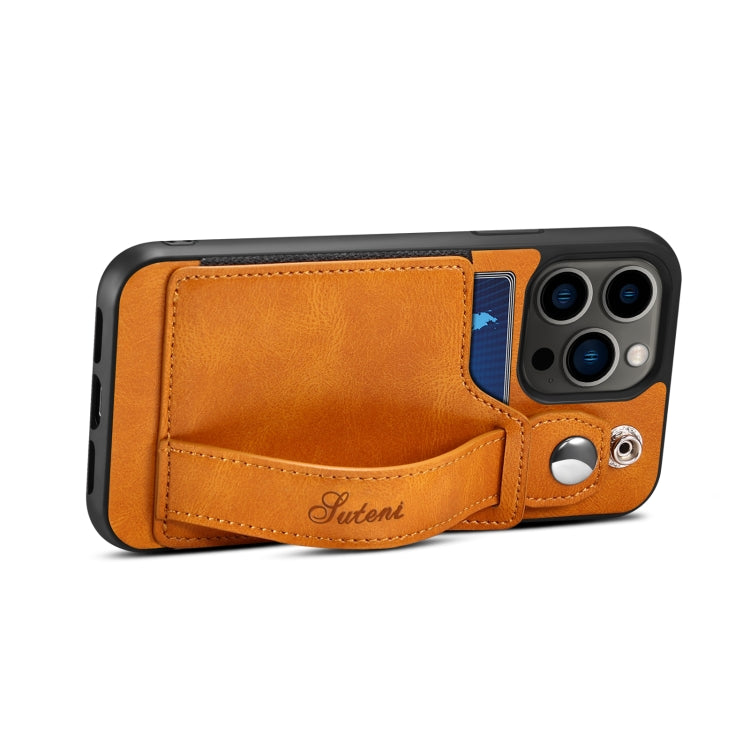 For iPhone 14 Pro Suteni 215 Wrist Strap PU Phone Case(Khaki) - HoMEdemic™ 