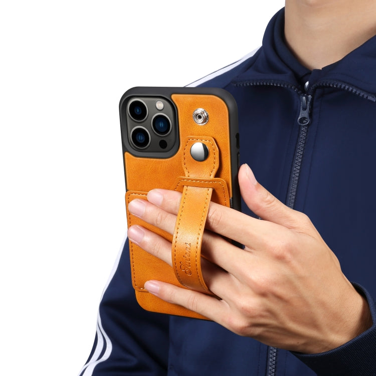 For iPhone 14 Pro Suteni 215 Wrist Strap PU Phone Case(Khaki) - HoMEdemic™ 
