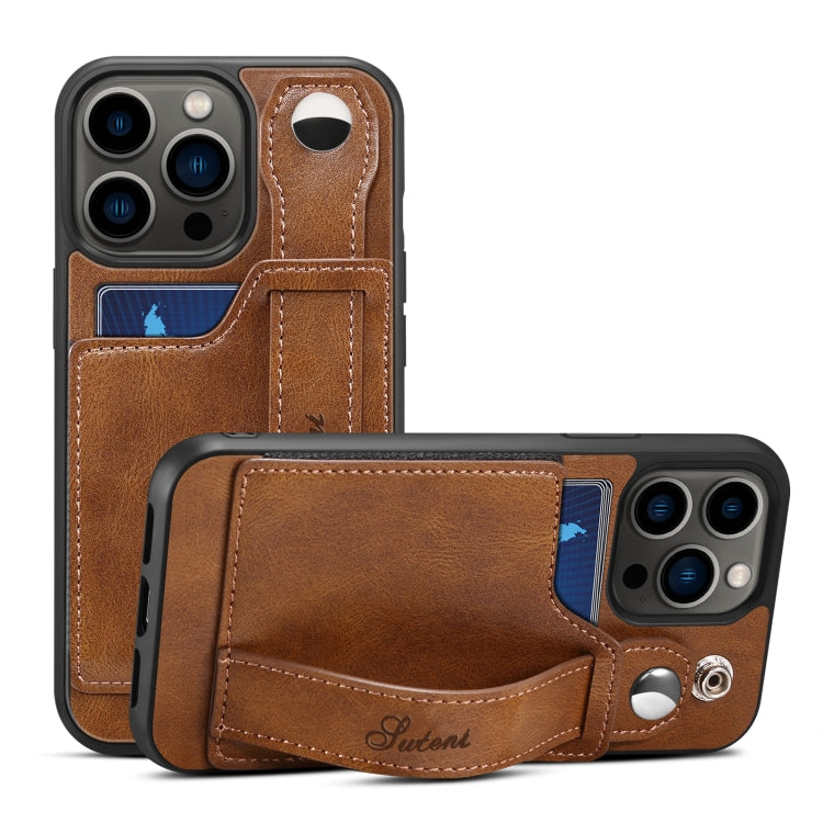For iPhone 14 Pro Suteni 215 Wrist Strap PU Phone Case(Brown) - HoMEdemic™ 