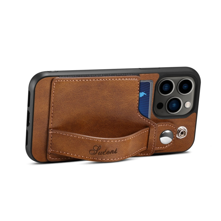 For iPhone 14 Pro Suteni 215 Wrist Strap PU Phone Case(Brown) - HoMEdemic™ 