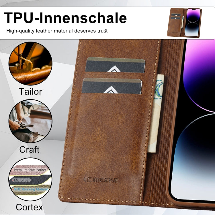 For iPhone 14 Pro Max LC.IMEEKE RFID Anti-theft Leather Phone Case(Brown) - HoMEdemic™ 