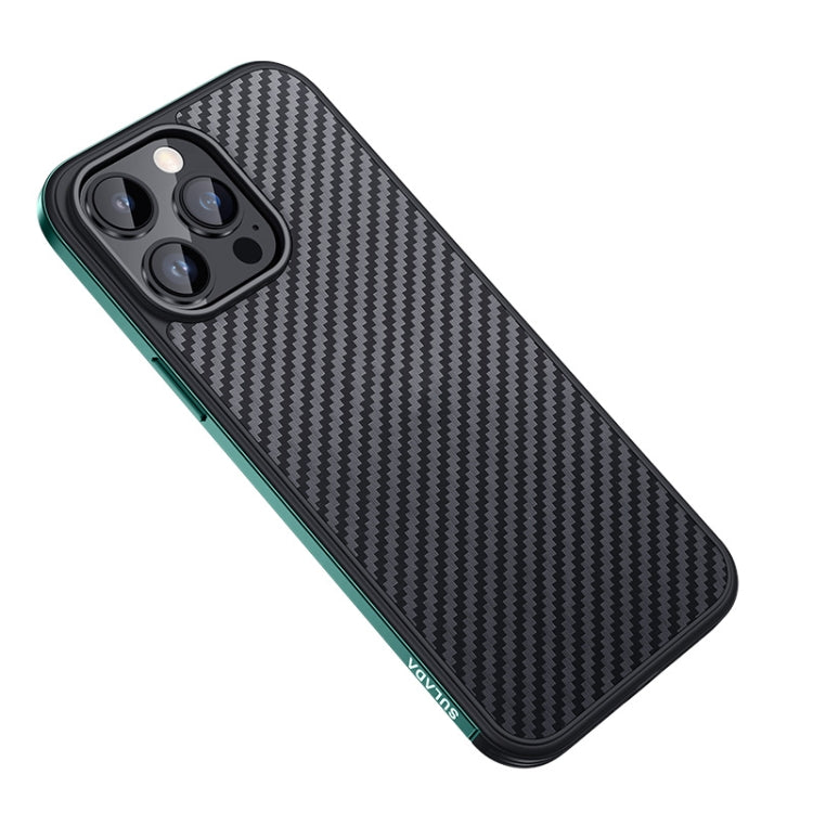For iPhone 14 Pro Max SULADA Carbon Fiber Textured Shockproof Metal + TPU Frame Case(Dark Green) - HoMEdemic™ 