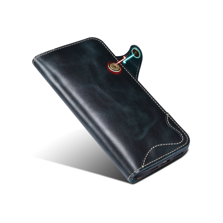 For iPhone 14 Pro Max Denior Oil Wax Cowhide Magnetic Button Genuine Leather Case(Dark Blue) - HoMEdemic™ 