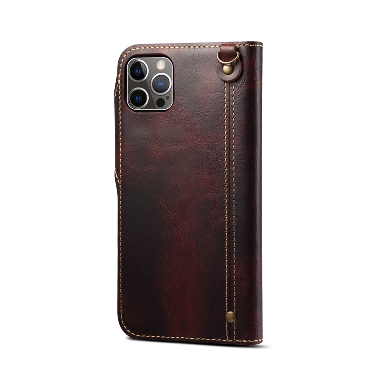 For iPhone 14 Pro Denior Oil Wax Cowhide Magnetic Button Genuine Leather Case(Dark Red) - HoMEdemic™ 