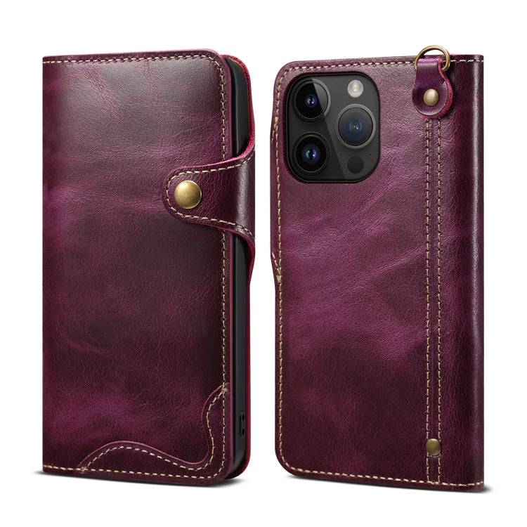 For iPhone 14 Pro Denior Oil Wax Cowhide Magnetic Button Genuine Leather Case (Purple) - HoMEdemic™ 