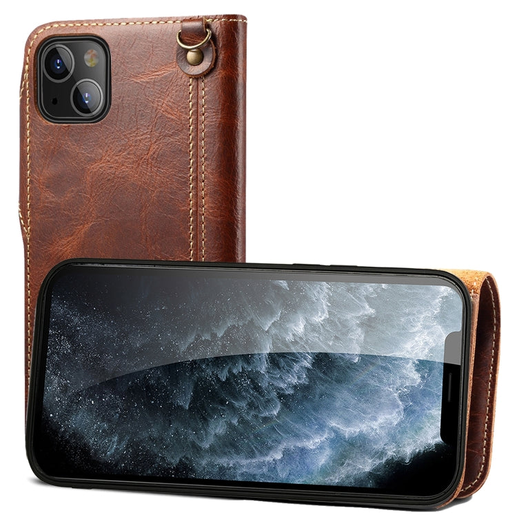 For iPhone 14 Denior Oil Wax Cowhide Magnetic Button Genuine Leather Case(Brown) - HoMEdemic™ 