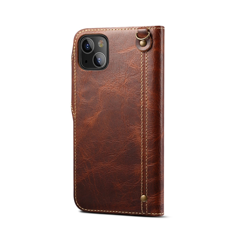For iPhone 14 Denior Oil Wax Cowhide Magnetic Button Genuine Leather Case(Brown) - HoMEdemic™ 
