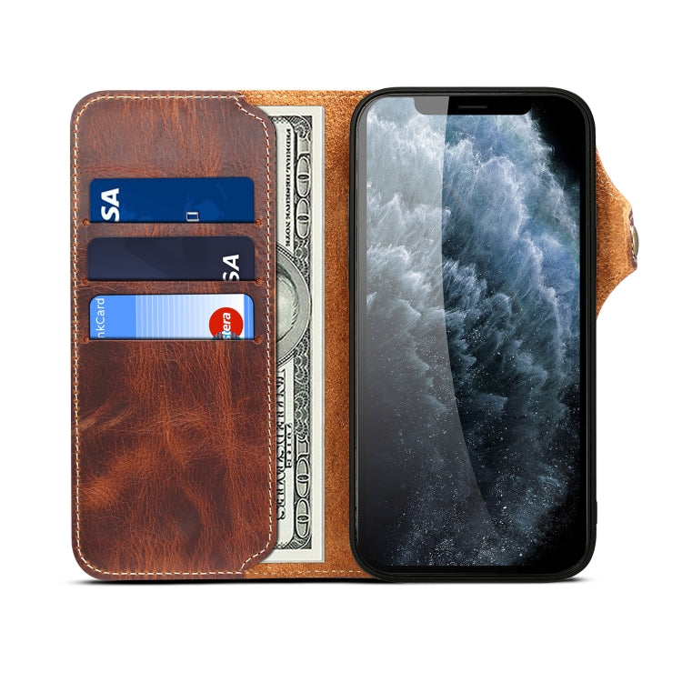 For iPhone 14 Denior Oil Wax Cowhide Magnetic Button Genuine Leather Case(Brown) - HoMEdemic™ 