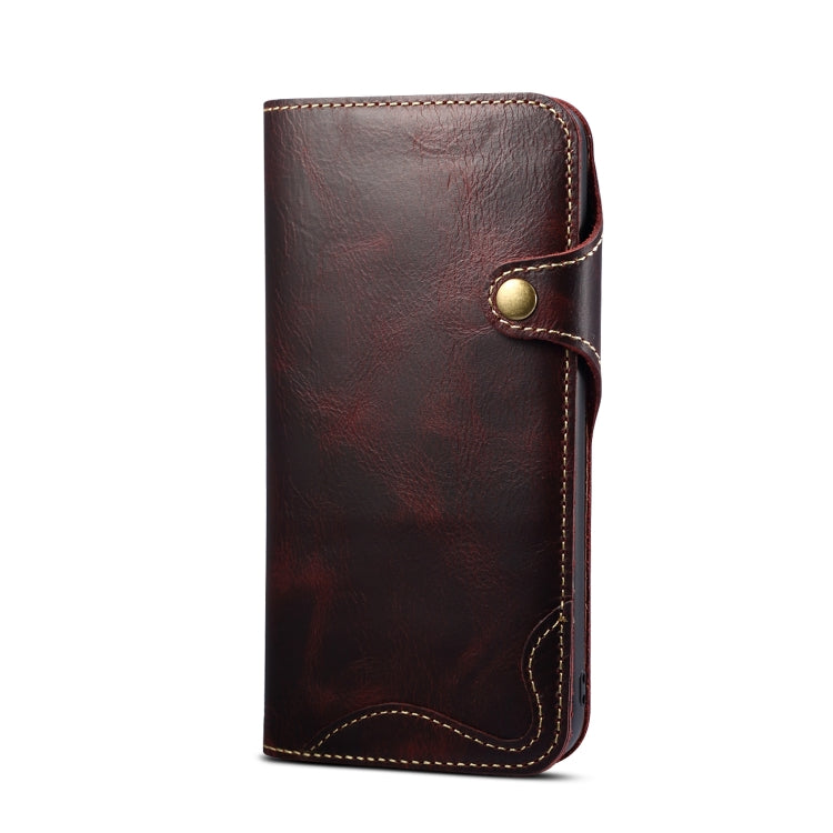 For iPhone 14 Denior Oil Wax Cowhide Magnetic Button Genuine Leather Case(Dark Red) - HoMEdemic™ 
