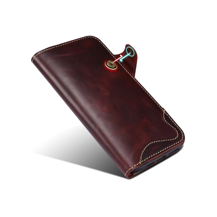For iPhone 14 Denior Oil Wax Cowhide Magnetic Button Genuine Leather Case(Dark Red) - HoMEdemic™ 