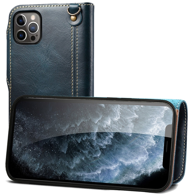 For iPhone 13 Pro Denior Oil Wax Cowhide Magnetic Button Genuine Leather Case(Dark Blue) - HoMEdemic™ 