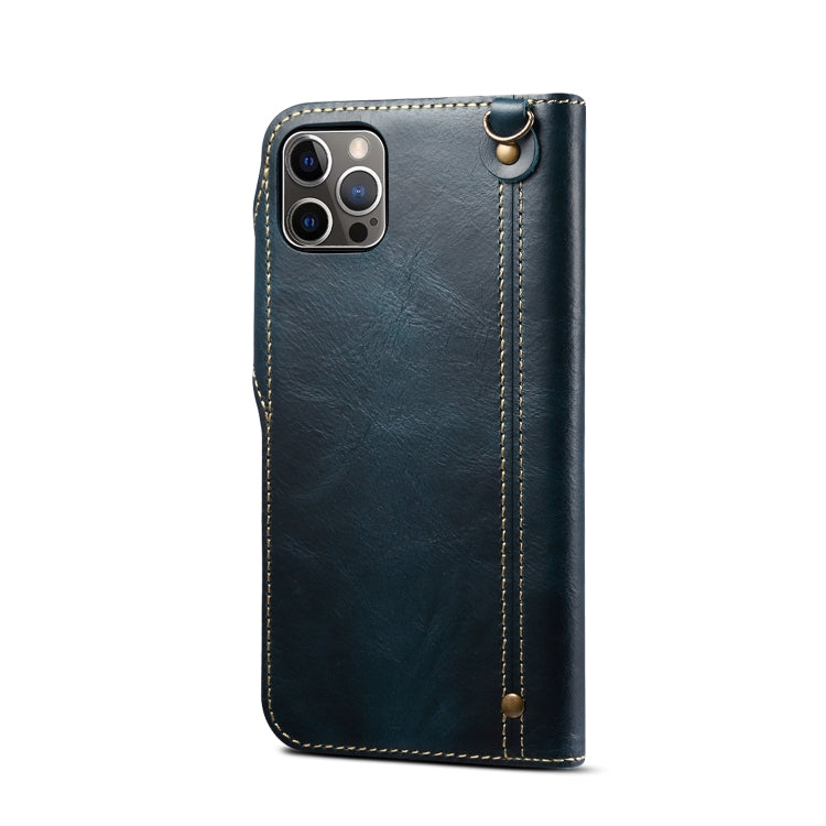 For iPhone 13 Pro Denior Oil Wax Cowhide Magnetic Button Genuine Leather Case(Dark Blue) - HoMEdemic™ 
