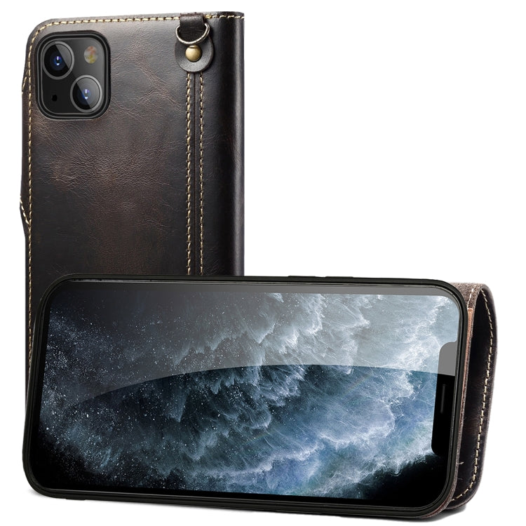 For iPhone 13 Denior Oil Wax Cowhide Magnetic Button Genuine Leather Case(Black) - HoMEdemic™ 
