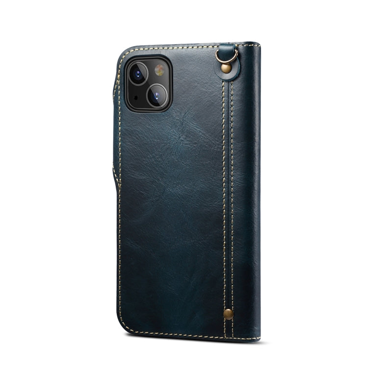 For iPhone 13 Denior Oil Wax Cowhide Magnetic Button Genuine Leather Case(Dark Blue) - HoMEdemic™ 
