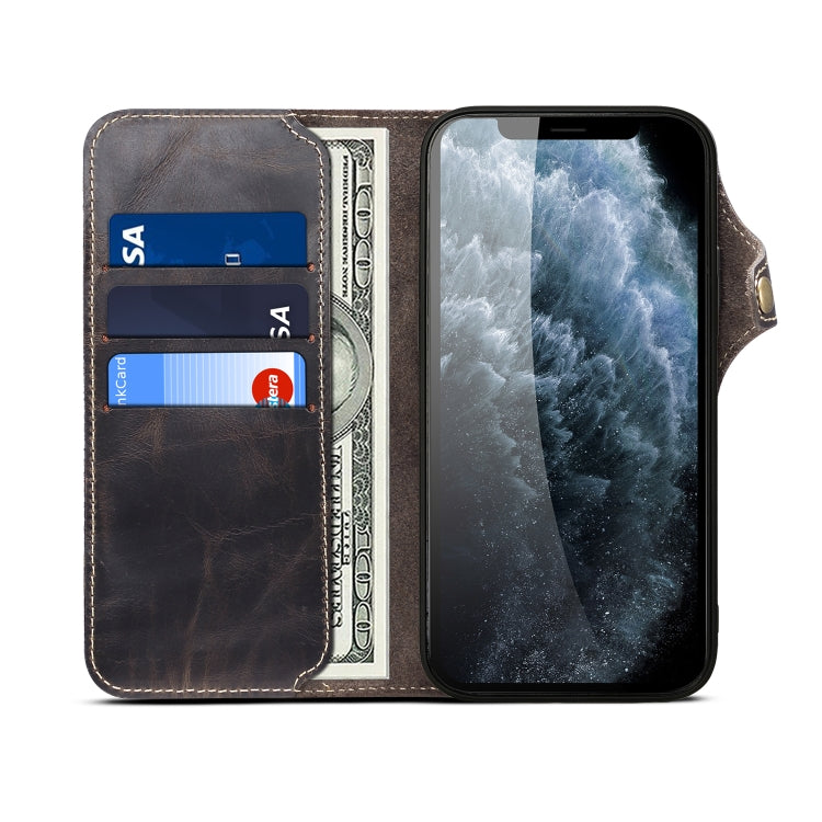 For iPhone 12 mini Denior Oil Wax Cowhide Magnetic Button Genuine Leather Case(Black) - HoMEdemic™ 