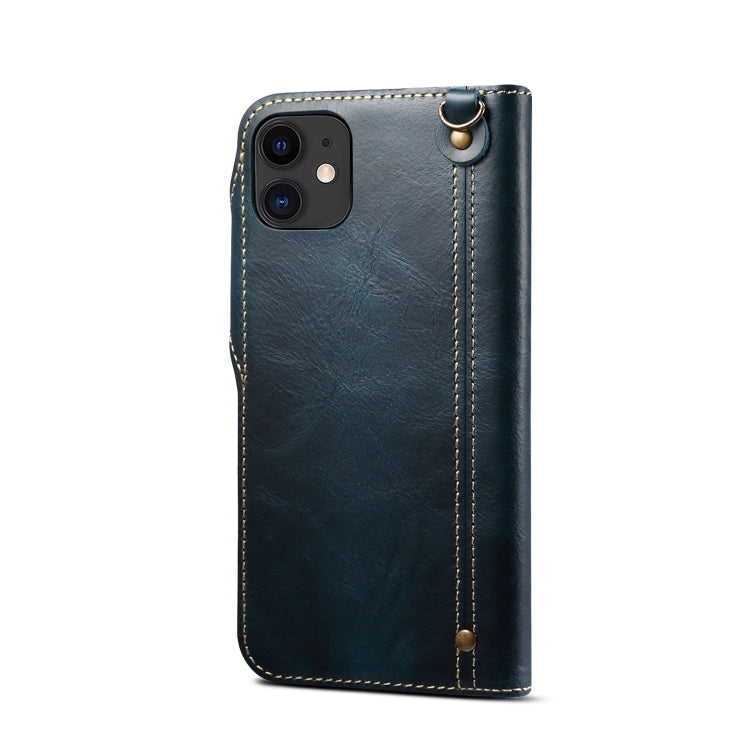 For iPhone 12 mini Denior Oil Wax Cowhide Magnetic Button Genuine Leather Case(Dark Blue) - HoMEdemic™ 
