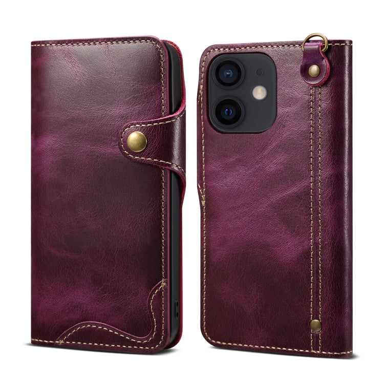 For iPhone 12 mini Denior Oil Wax Cowhide Magnetic Button Genuine Leather Case (Purple) - HoMEdemic™ 