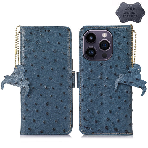 For iPhone 15 Pro Max Ostrich Pattern Genuine Leather RFID Phone Case(Blue) - HoMEdemic™ 