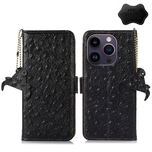 For iPhone 15 Pro Max Ostrich Pattern Genuine Leather RFID Phone Case(Black) - HoMEdemic™ 