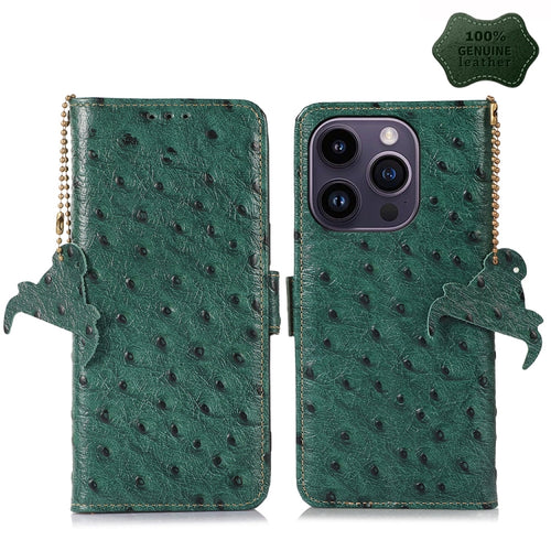 For iPhone 15 Pro Max Ostrich Pattern Genuine Leather RFID Phone Case(Green) - HoMEdemic™ 