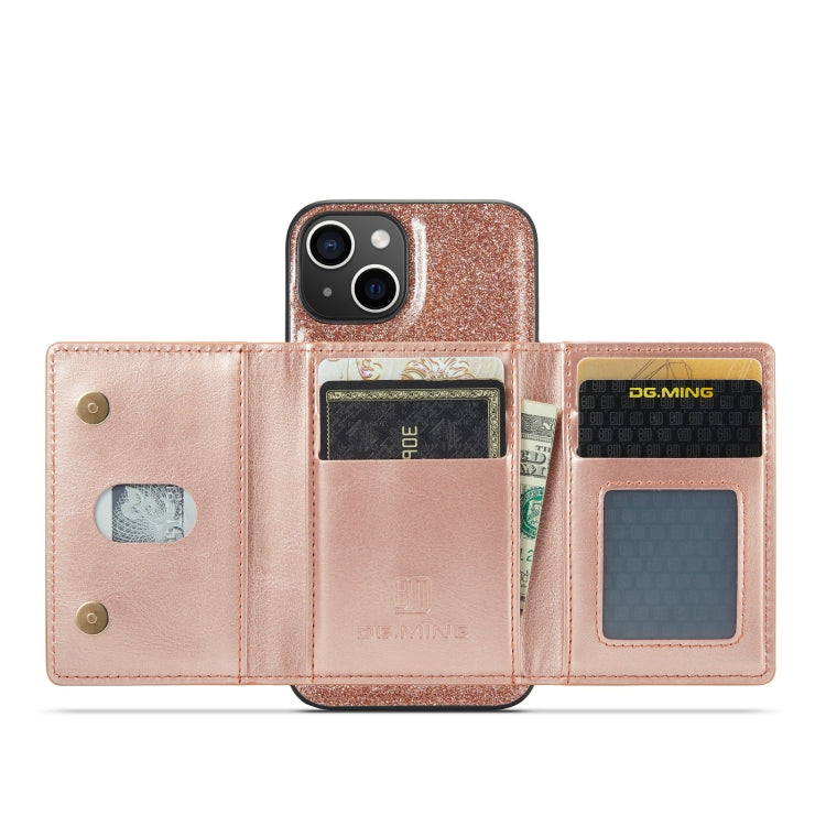 For iPhone 14 DG.MING M3 Series Glitter Powder Card Bag Leather Case(Rose Gold) - HoMEdemic™ 