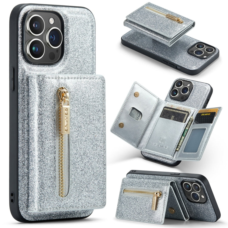 For iPhone 14 Pro DG.MING M3 Series Glitter Powder Card Bag Leather Case(Silver) - HoMEdemic™ 