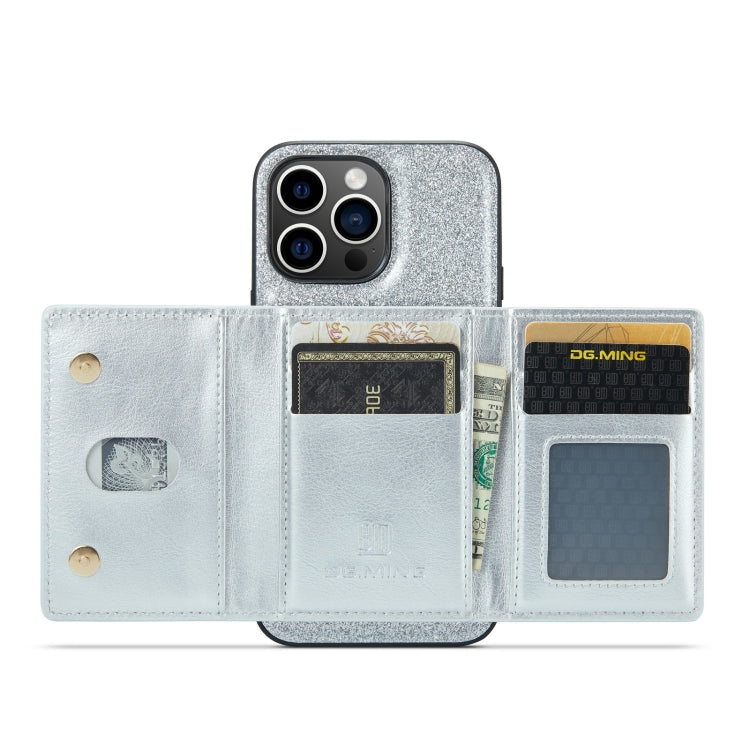 For iPhone 14 Pro DG.MING M3 Series Glitter Powder Card Bag Leather Case(Silver) - HoMEdemic™ 