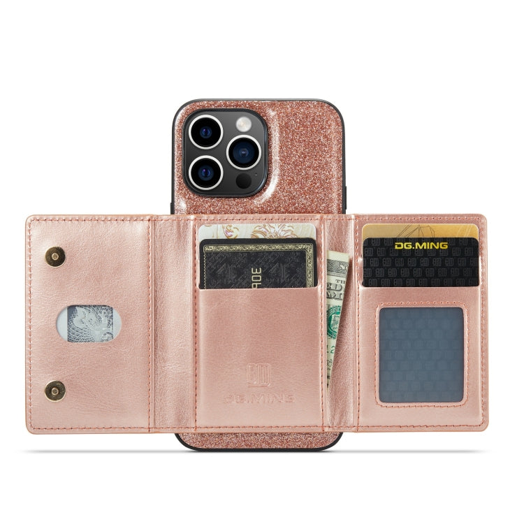 For iPhone 14 Pro DG.MING M3 Series Glitter Powder Card Bag Leather Case(Rose Gold) - HoMEdemic™ 