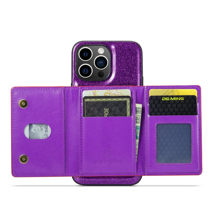 For iPhone 14 Pro DG.MING M3 Series Glitter Powder Card Bag Leather Case(Dark Purple) - HoMEdemic™ 