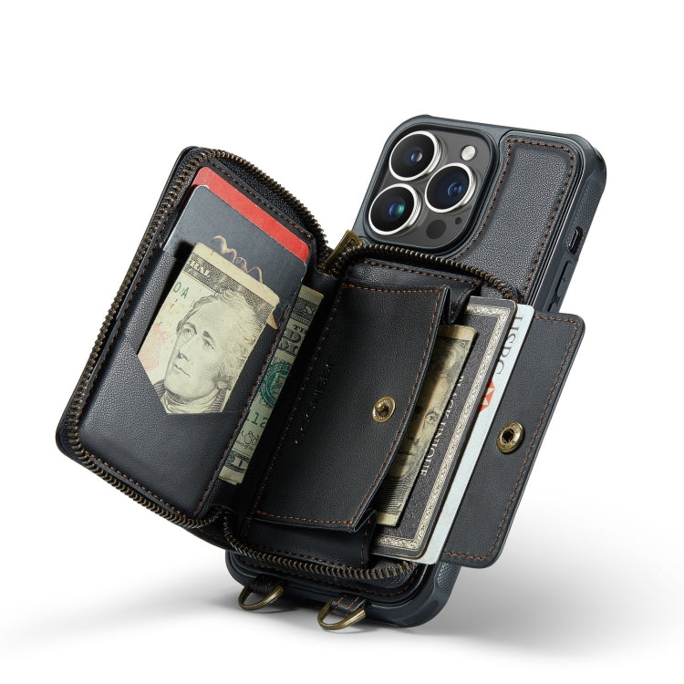 For iPhone 14 JEEHOOD C22 Series Zipper Wallet Phone Case with Long and Short Lanyard(Black) - HoMEdemic™ 