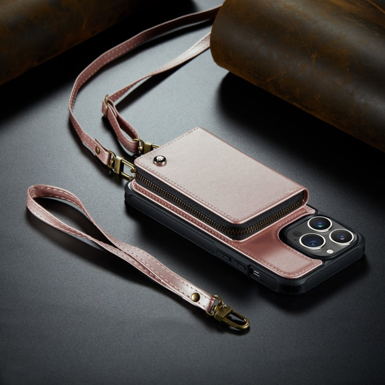 For iPhone 14 JEEHOOD C22 Series Zipper Wallet Phone Case with Long and Short Lanyard(Rose Gold) - HoMEdemic™ 