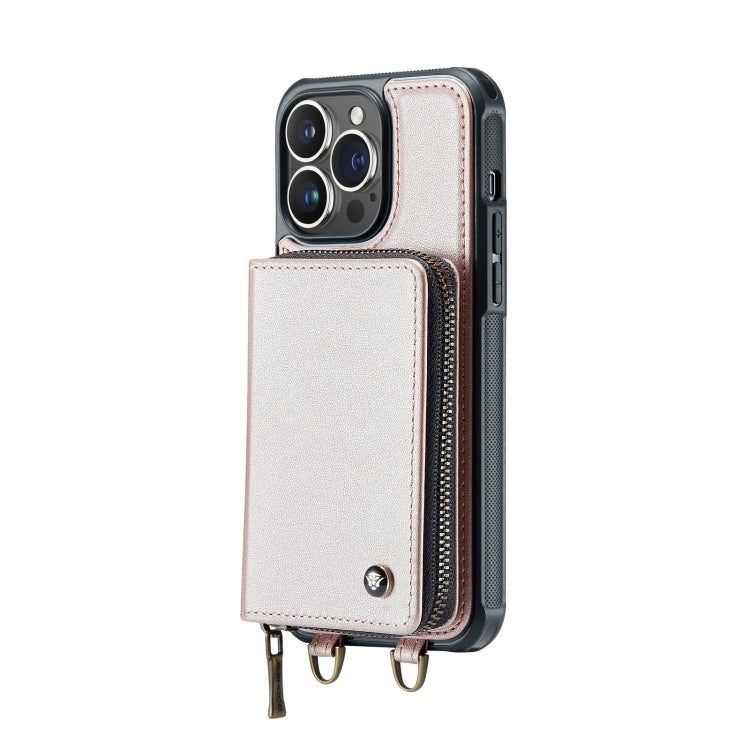 For iPhone 14 JEEHOOD C22 Series Zipper Wallet Phone Case with Long and Short Lanyard(Rose Gold) - HoMEdemic™ 