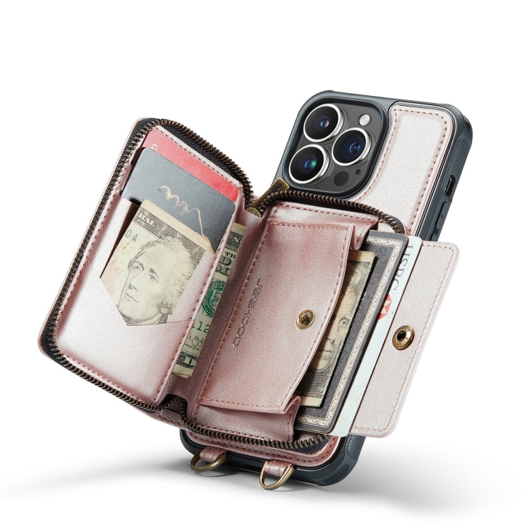 For iPhone 14 JEEHOOD C22 Series Zipper Wallet Phone Case with Long and Short Lanyard(Rose Gold) - HoMEdemic™ 