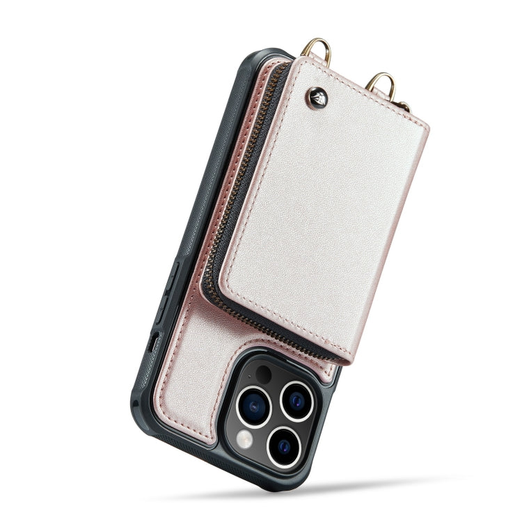 For iPhone 14 JEEHOOD C22 Series Zipper Wallet Phone Case with Long and Short Lanyard(Rose Gold) - HoMEdemic™ 