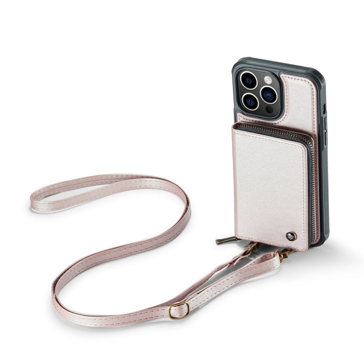 For iPhone 14 JEEHOOD C22 Series Zipper Wallet Phone Case with Long and Short Lanyard(Rose Gold) - HoMEdemic™ 