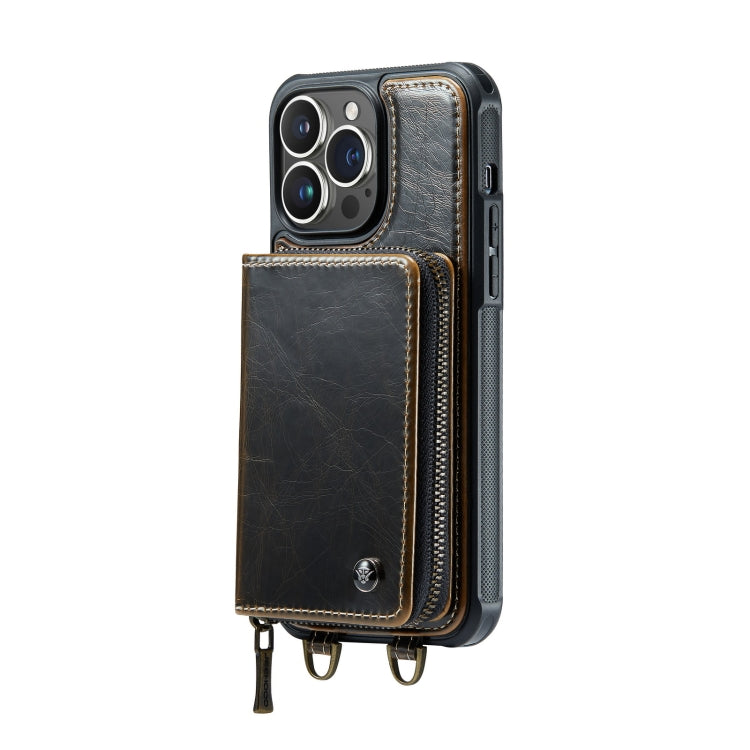 For iPhone 14 JEEHOOD C22 Series Zipper Wallet Phone Case with Long and Short Lanyard(Coffee) - HoMEdemic™ 