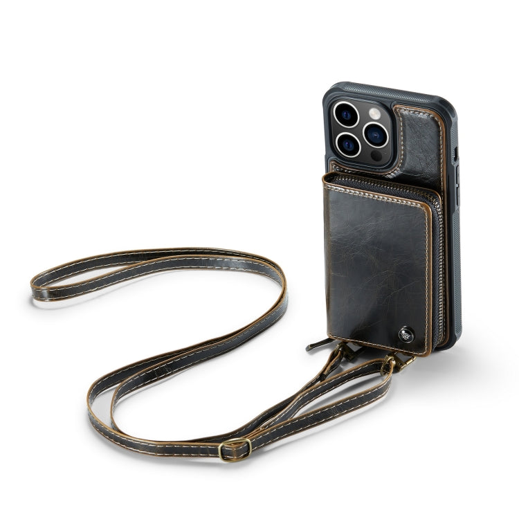 For iPhone 14 JEEHOOD C22 Series Zipper Wallet Phone Case with Long and Short Lanyard(Coffee) - HoMEdemic™ 