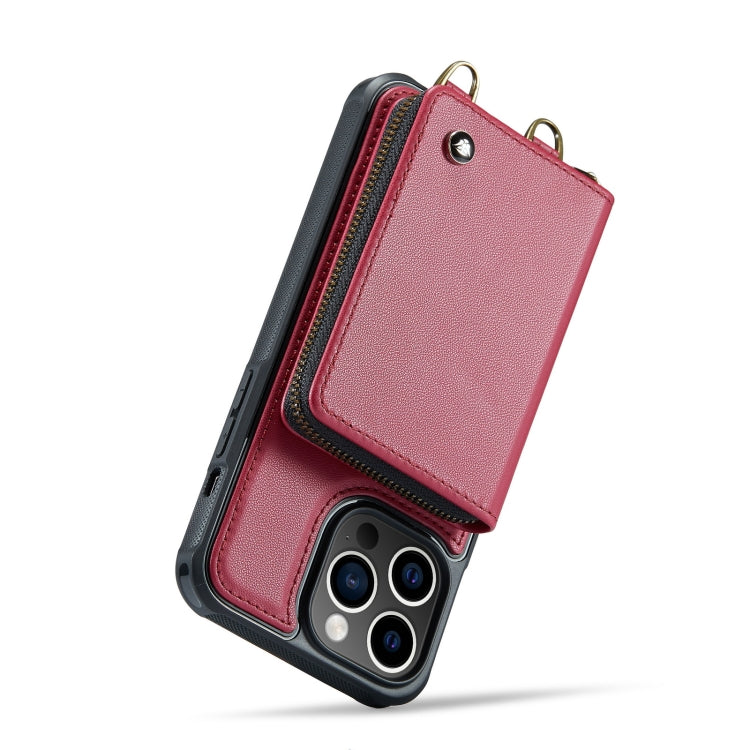 For iPhone 14 Pro JEEHOOD C22 Series Zipper Wallet Phone Case with Long and Short Lanyard(Red) - HoMEdemic™ 