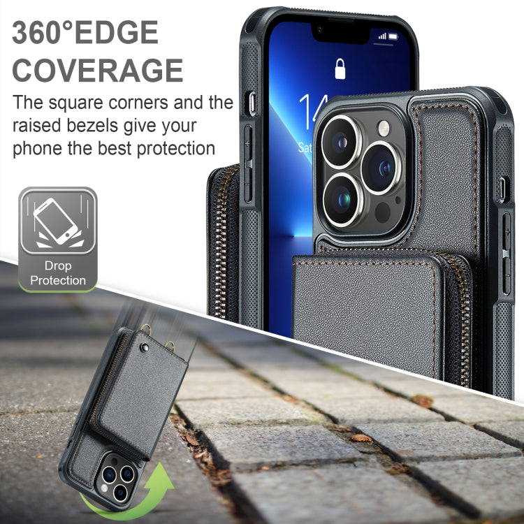 For iPhone 13 Pro JEEHOOD C22 Series Zipper Wallet Leather Phone Case with Dual Lanyard(Black) - HoMEdemic™ 